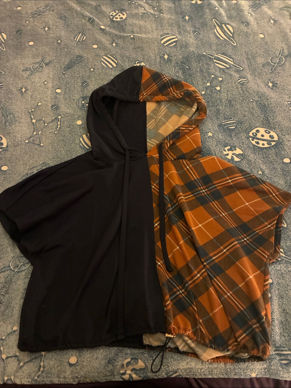No Boundaries Black & Orange Plaid Hooded Poncho